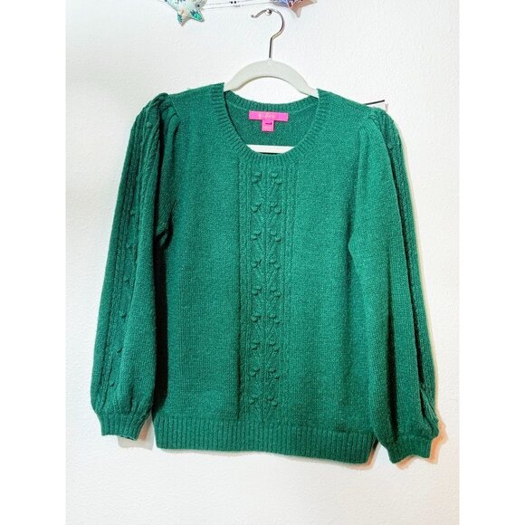 Lilly Pulitzer Green Cable Knit Puff Sleeve Sweater M Acrylic/Nylon/Wool Blend - Picture 2 of 6